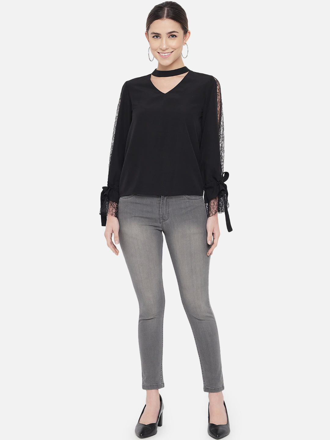 Black Solid Net Sleeve Choker Neck Top for Women