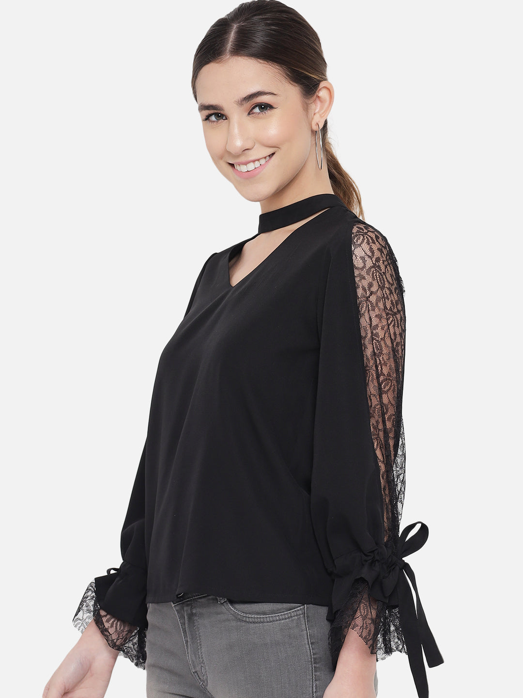Black Solid Net Sleeve Choker Neck Top for Women