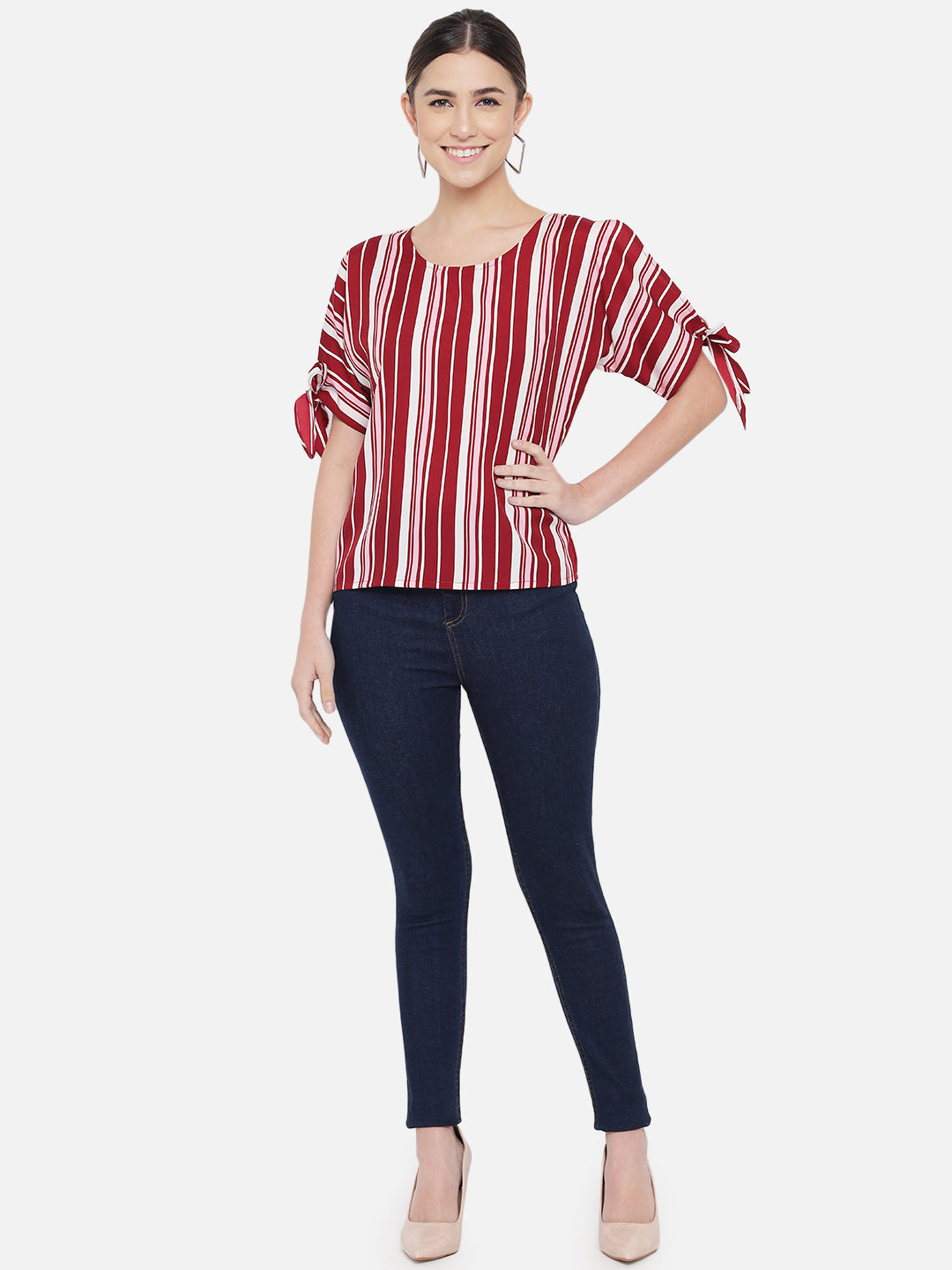 Red Stripe Knot Sleeve Round Neck Top for Women