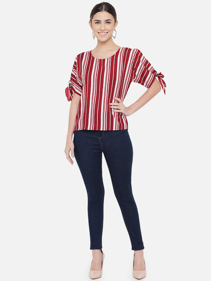 Red Stripe Knot Sleeve Round Neck Top for Women