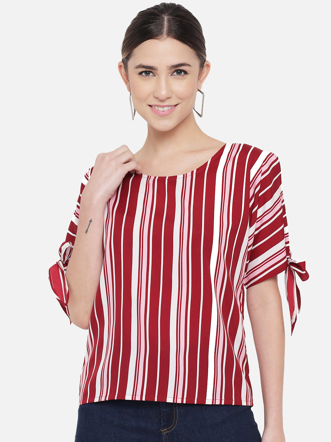 Red Stripe Knot Sleeve Round Neck Top for Women