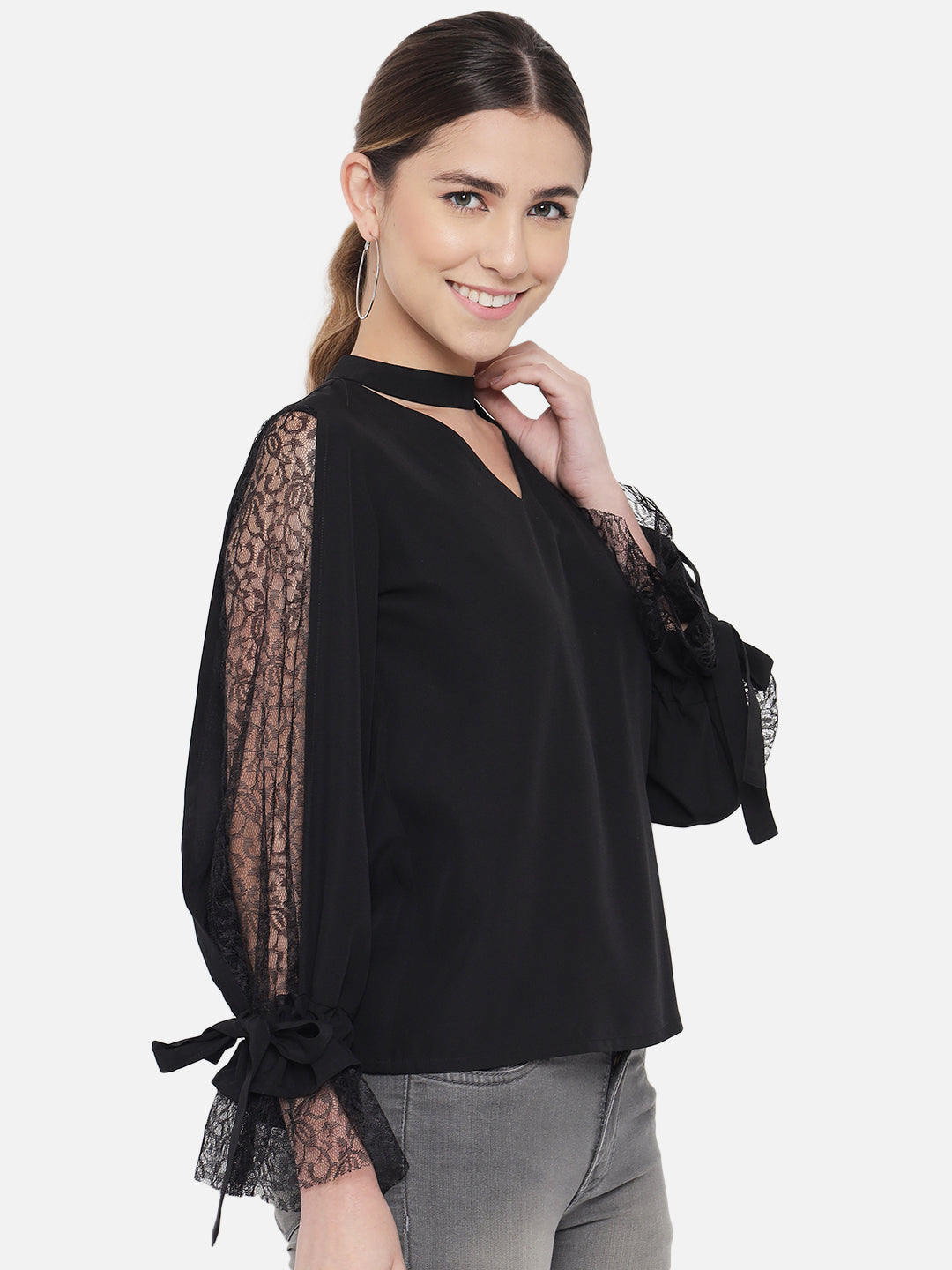 Black Solid Net Sleeve Choker Neck Top for Women