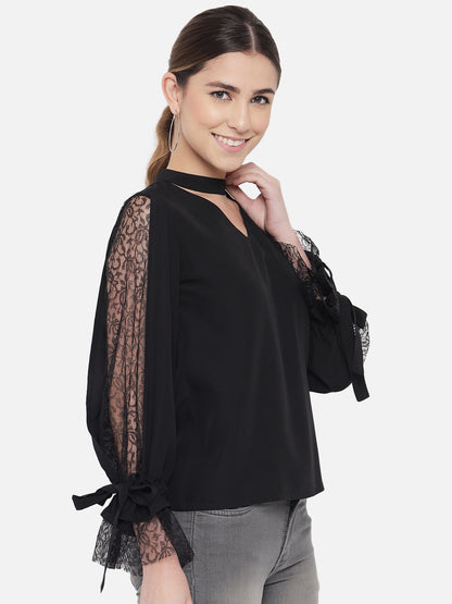 Black Solid Net Sleeve Choker Neck Top for Women