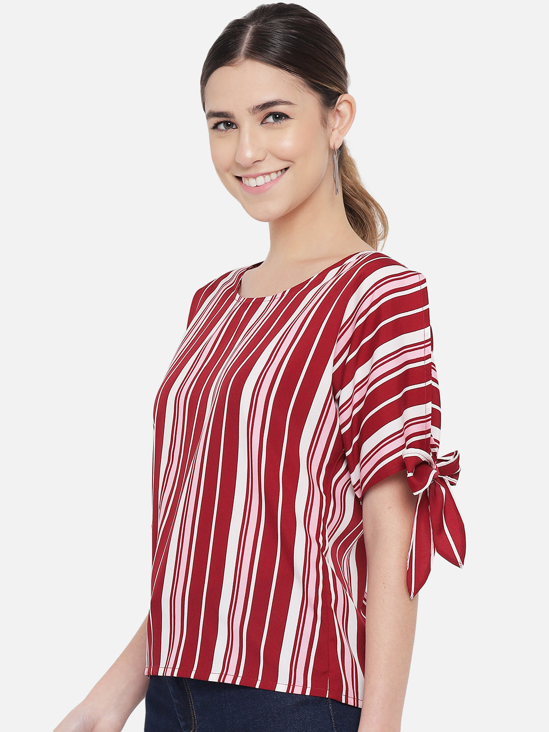 Red Stripe Knot Sleeve Round Neck Top for Women