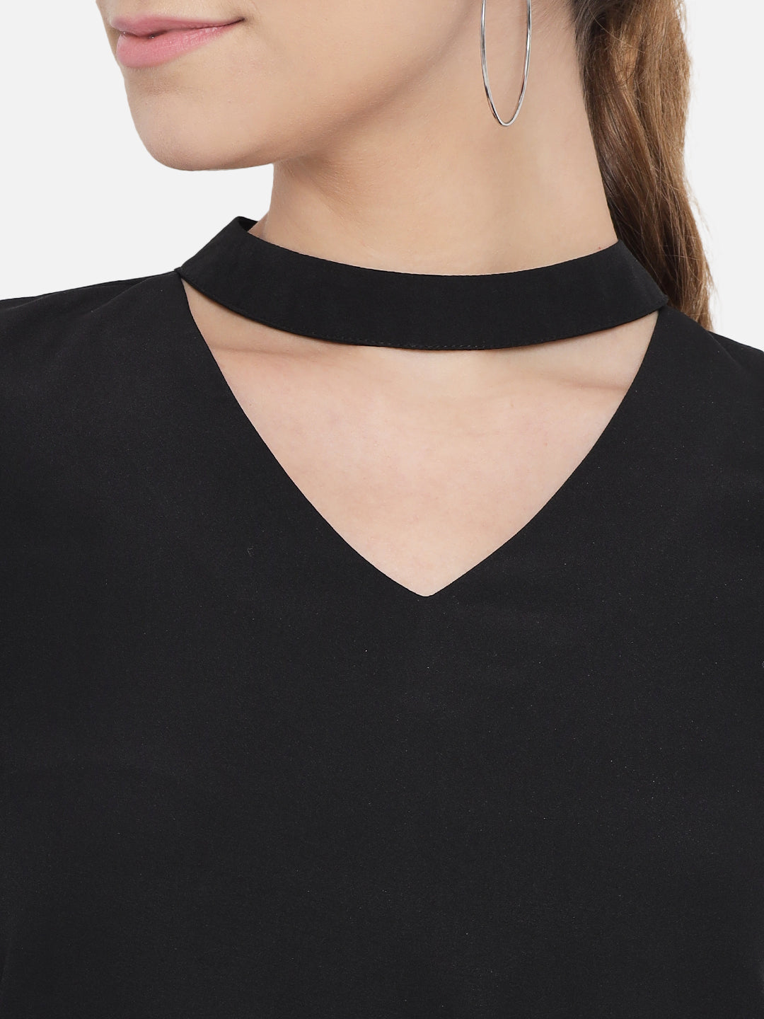Black Solid Net Sleeve Choker Neck Top for Women