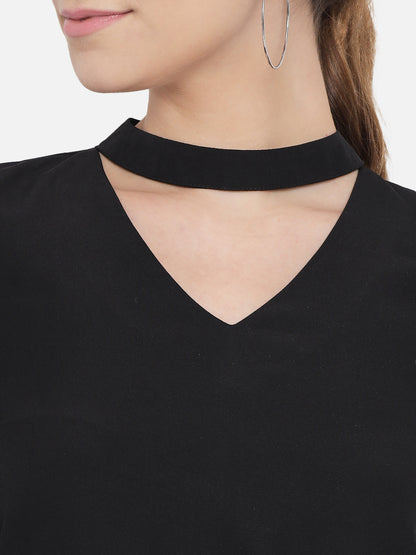 Black Solid Net Sleeve Choker Neck Top for Women
