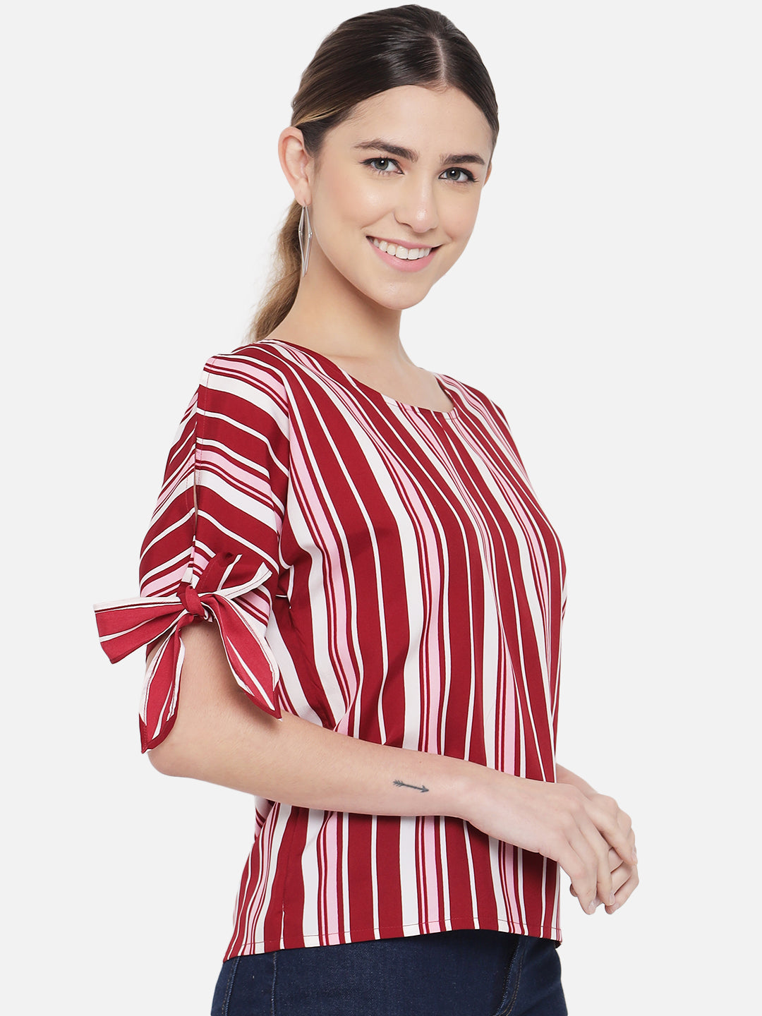 Red Stripe Knot Sleeve Round Neck Top for Women