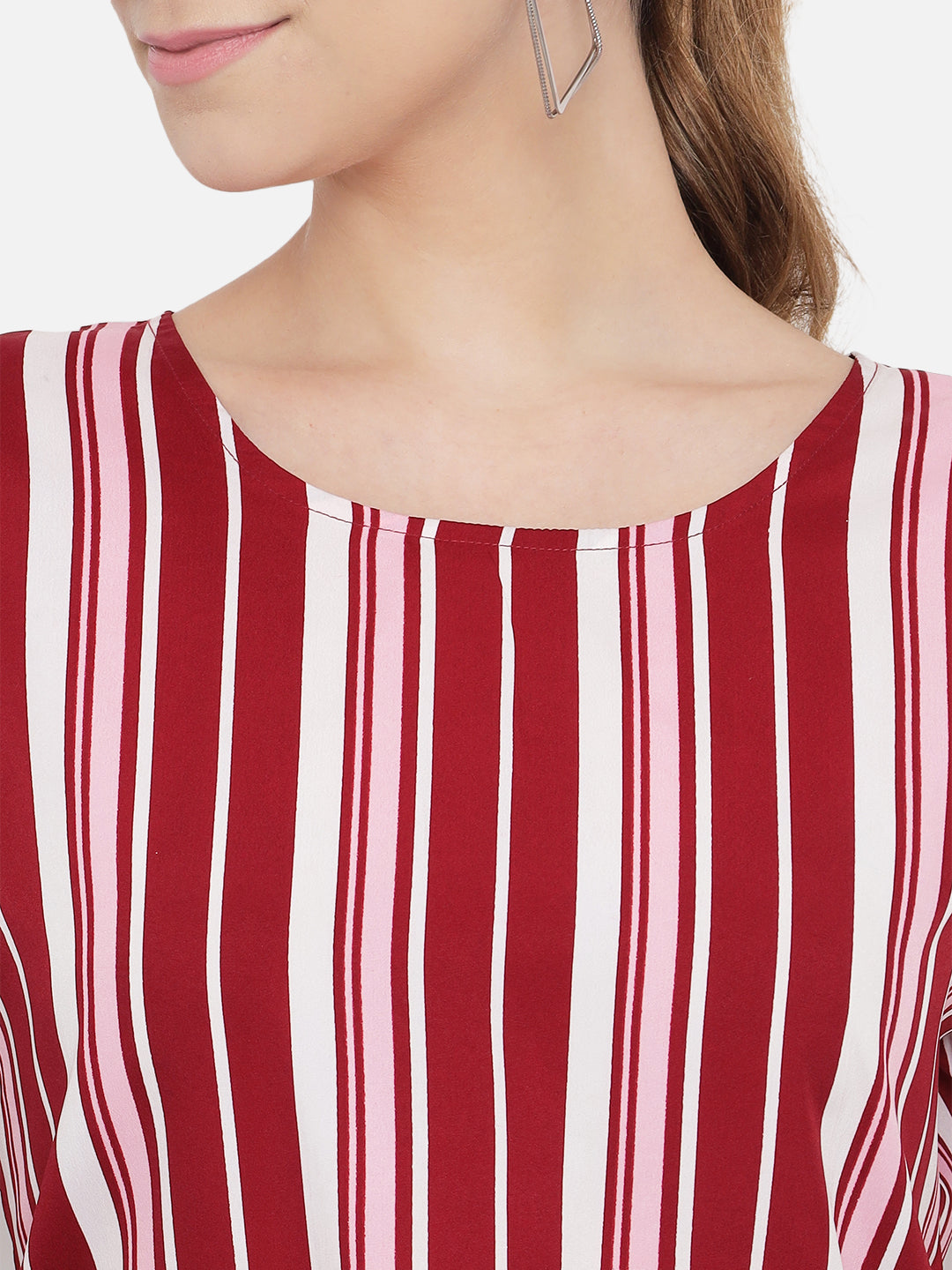 Red Stripe Knot Sleeve Round Neck Top for Women