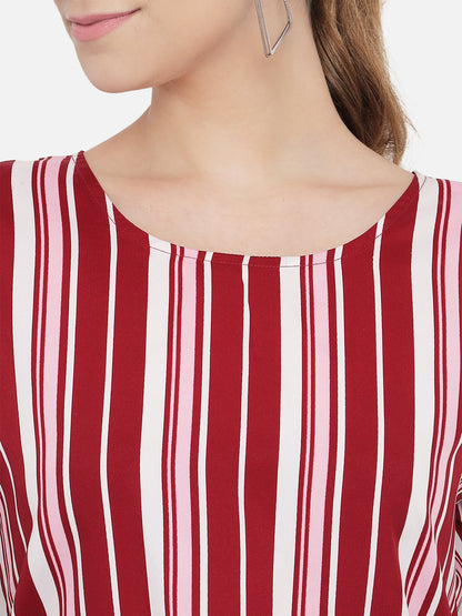 Red Stripe Knot Sleeve Round Neck Top for Women