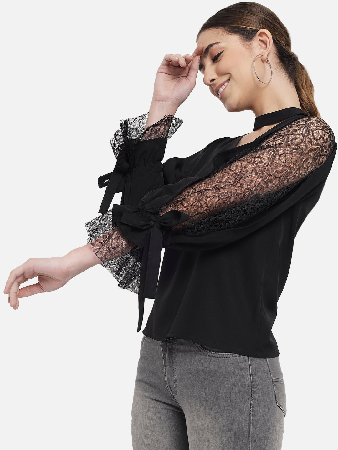 Black Solid Net Sleeve Choker Neck Top for Women