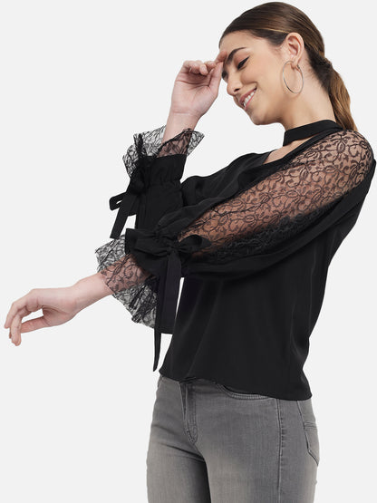 Black Solid Net Sleeve Choker Neck Top for Women