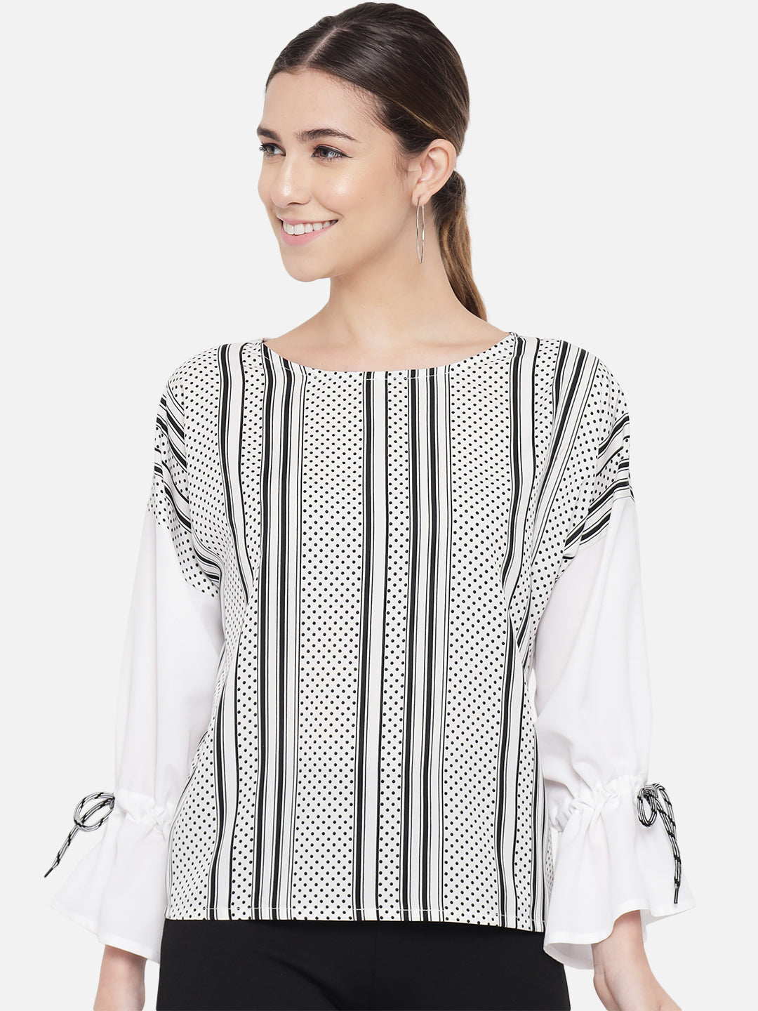 White Polka Dot Round Neck Top for Women