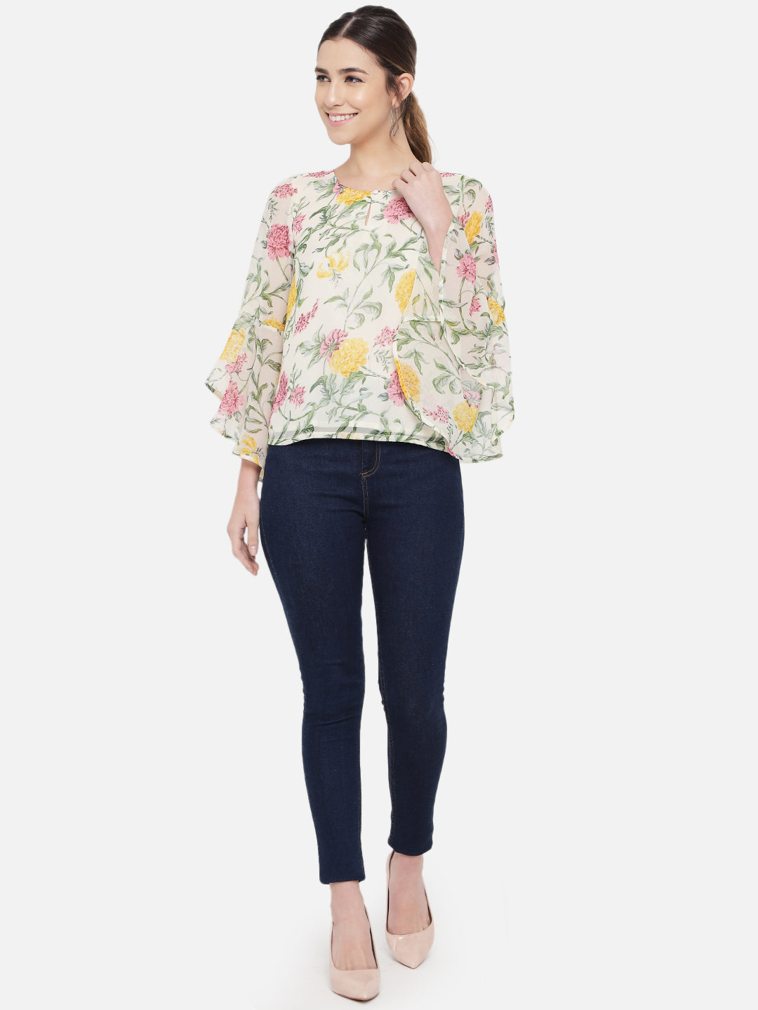 Multicolor Floral Keyhole Neck Poly Georgette Top for Women