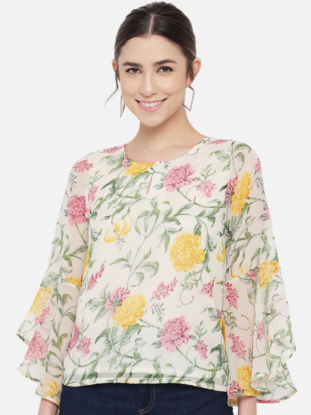 Multicolor Floral Keyhole Neck Poly Georgette Top for Women