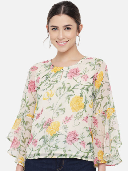 Multicolor Floral Keyhole Neck Poly Georgette Top for Women