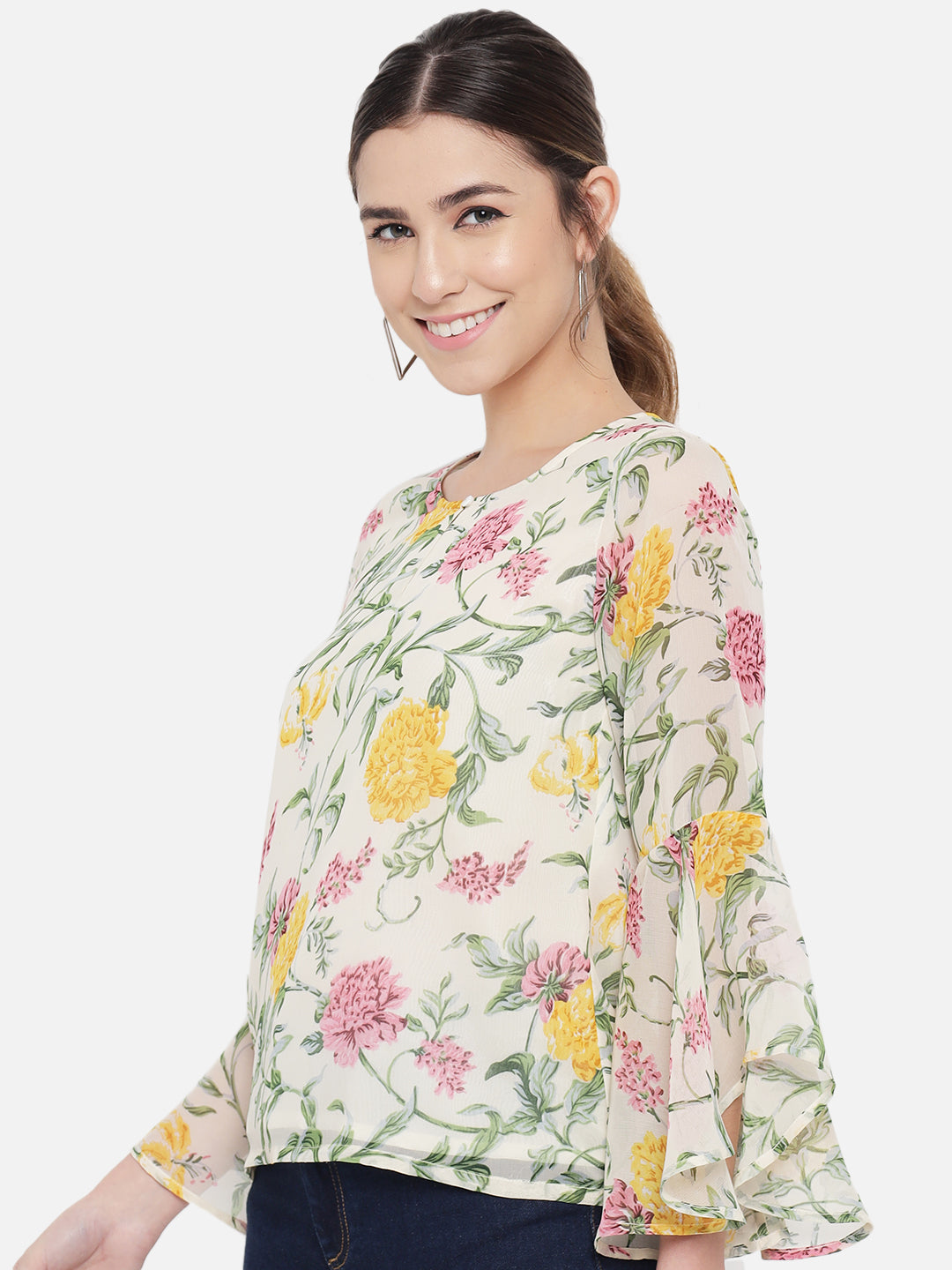 Multicolor Floral Keyhole Neck Poly Georgette Top for Women