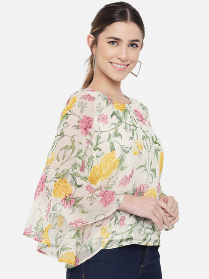 Multicolor Floral Keyhole Neck Poly Georgette Top for Women