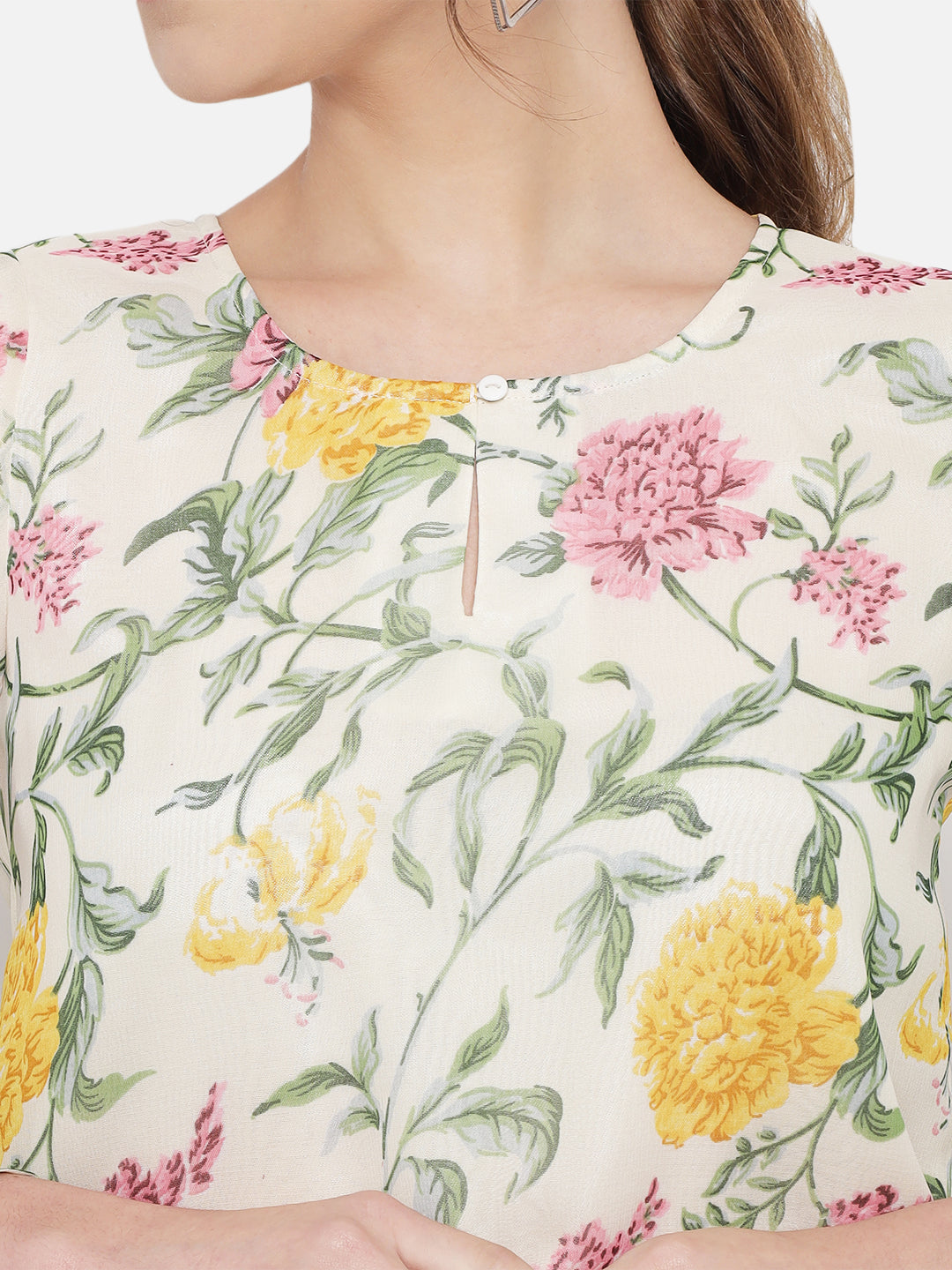 Multicolor Floral Keyhole Neck Poly Georgette Top for Women