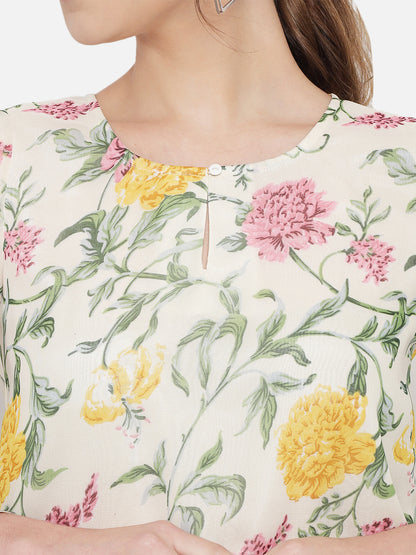 Multicolor Floral Keyhole Neck Poly Georgette Top for Women
