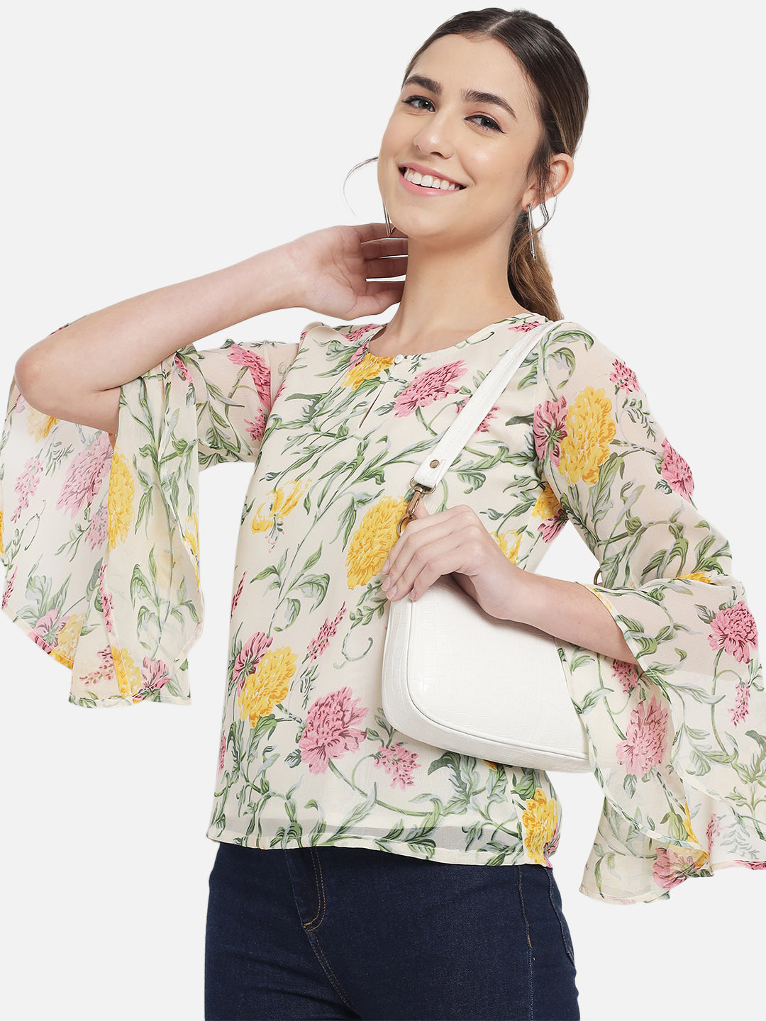 Multicolor Floral Keyhole Neck Poly Georgette Top for Women