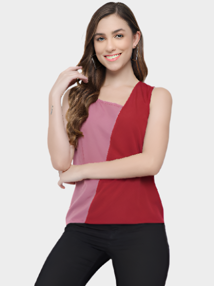 Pink & Red Colorblock Sleeveless Round Neck Top for Women
