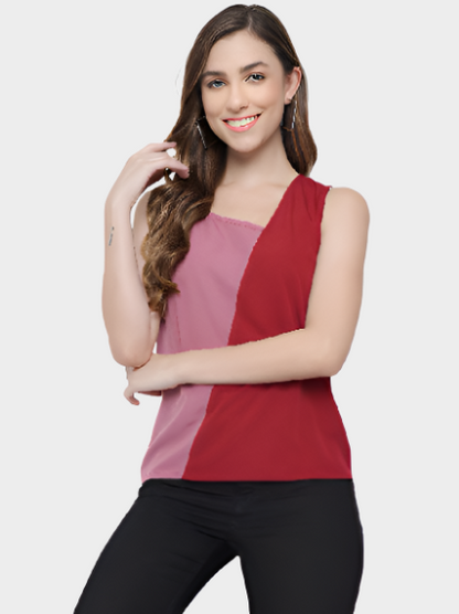 Pink &amp; Red Colorblock Sleeveless Round Neck Top for Women