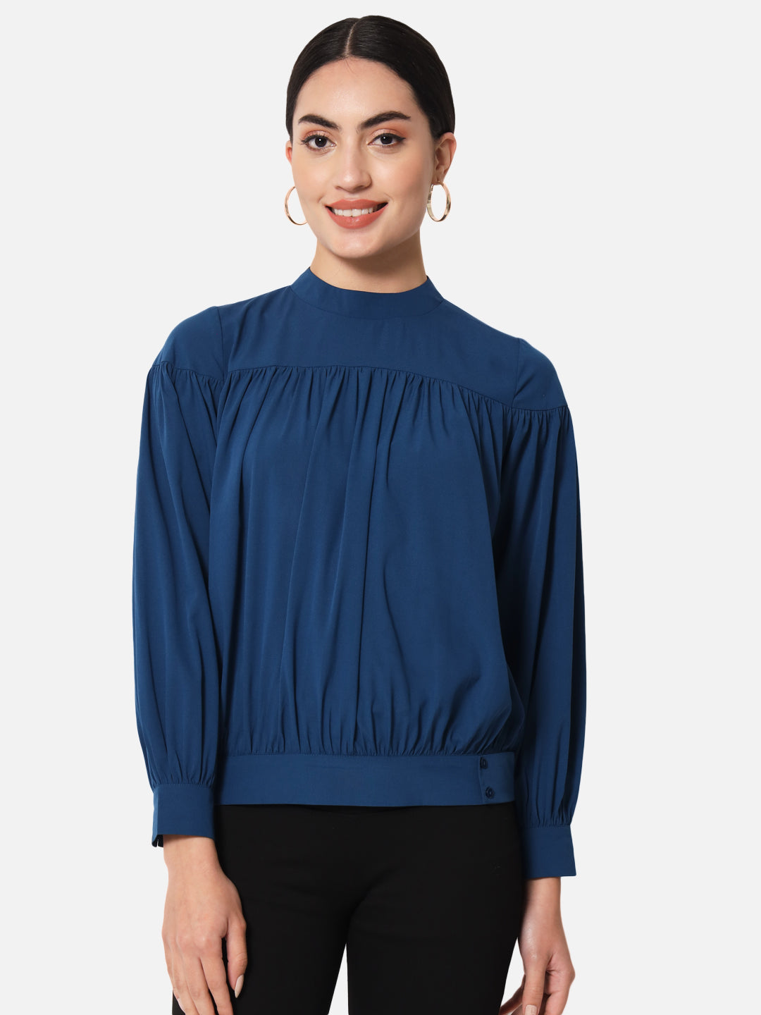 Blue Solid Mock Neck Top for Women