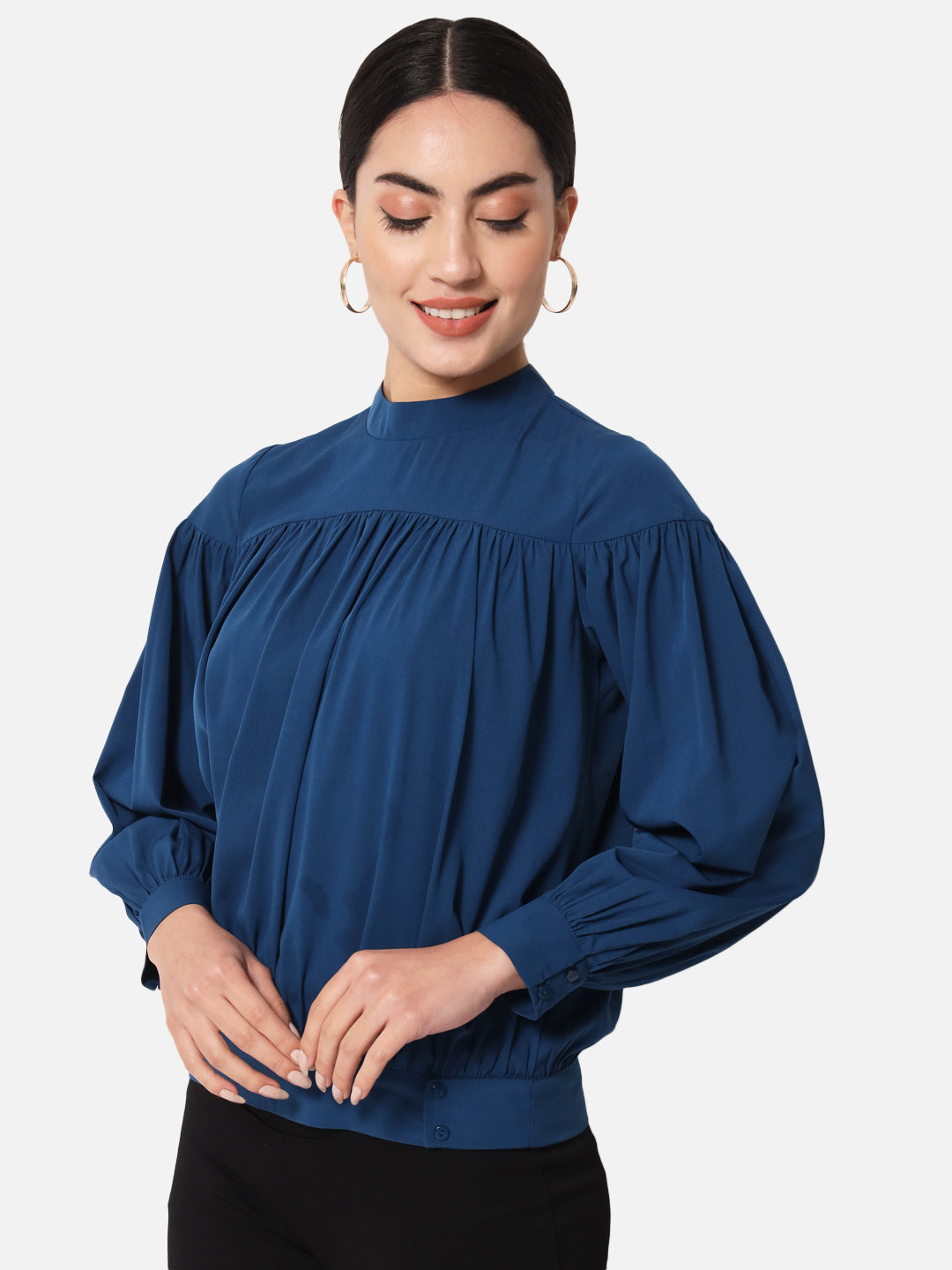 Blue Solid Mock Neck Top for Women