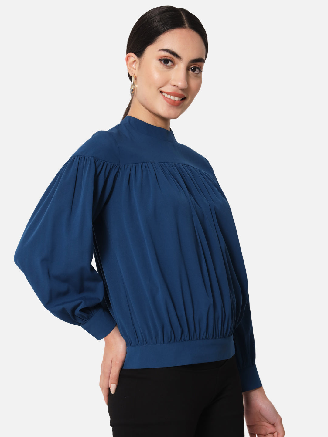 Blue Solid Mock Neck Top for Women