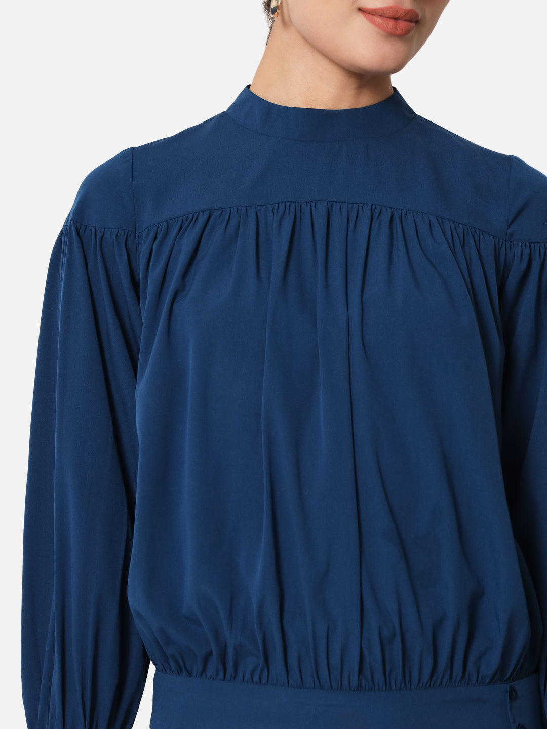 Blue Solid Mock Neck Top for Women
