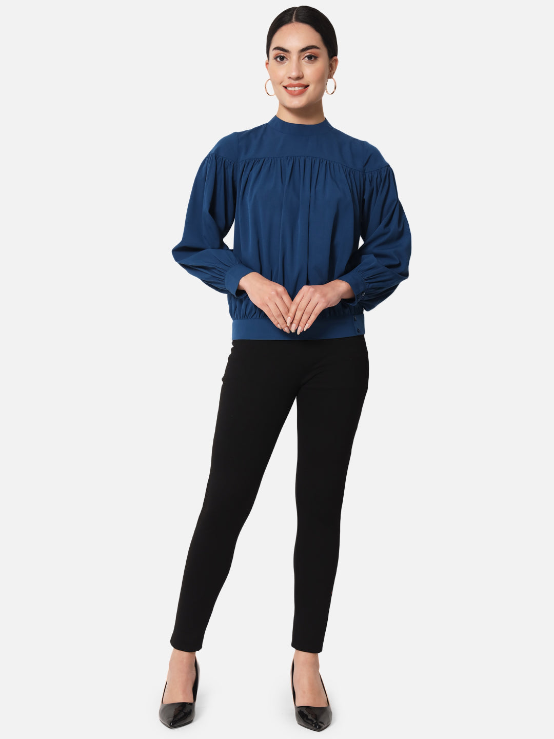 Blue Solid Mock Neck Top for Women