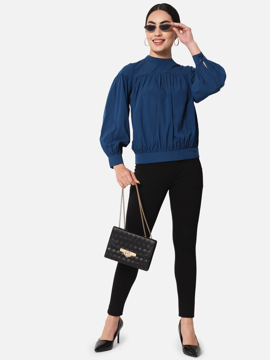 Blue Solid Mock Neck Top for Women