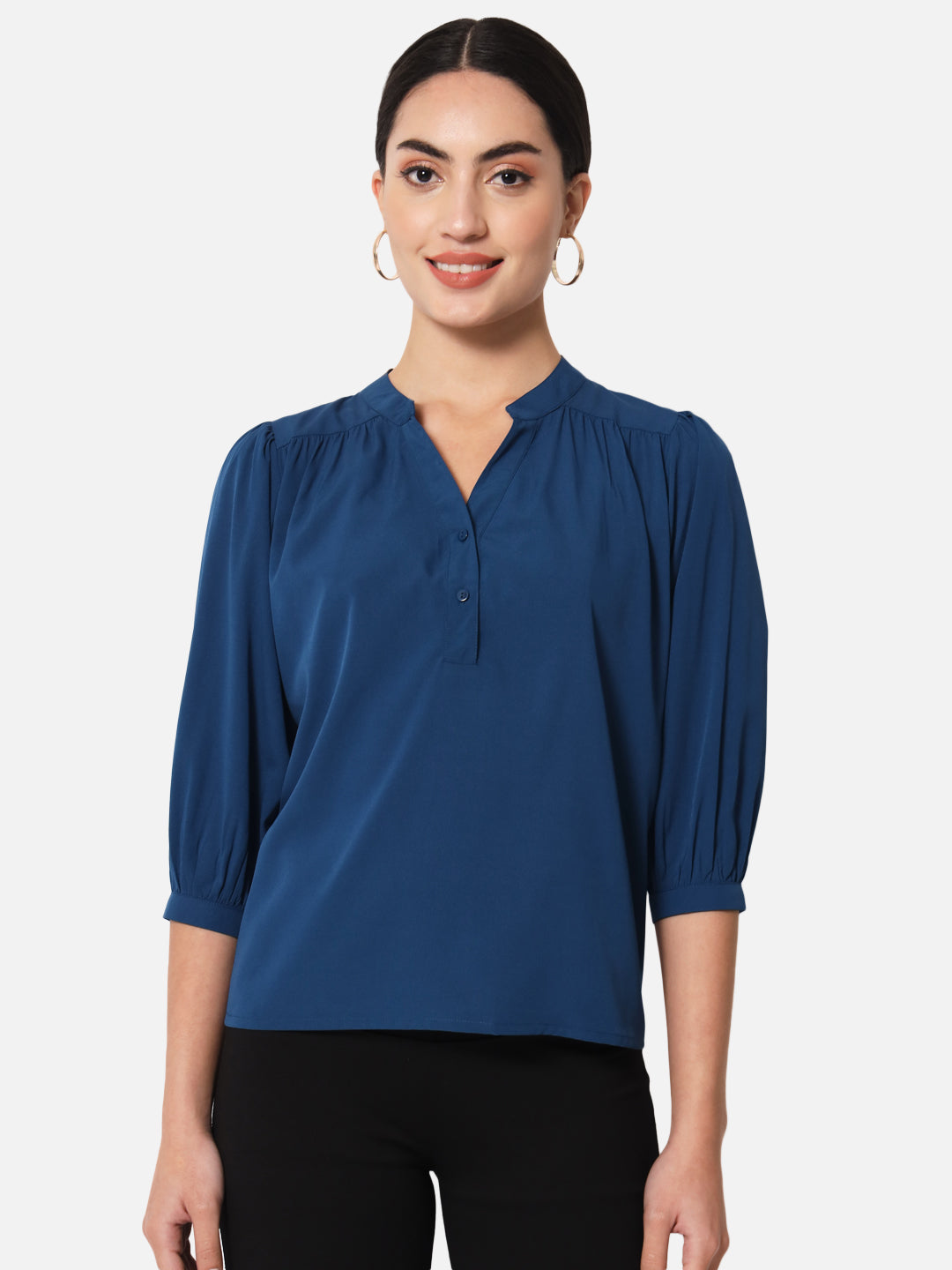 Blue Solid Mandarin Collar Top for Women
