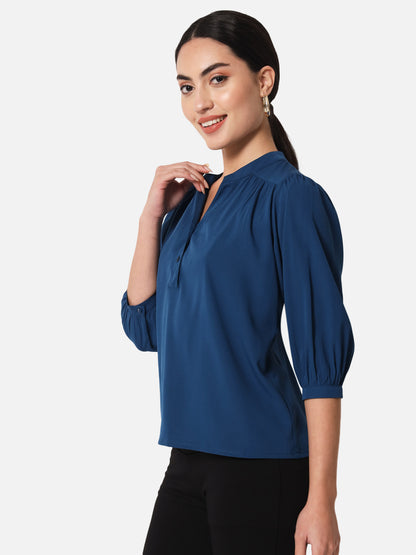 Blue Solid Mandarin Collar Top for Women