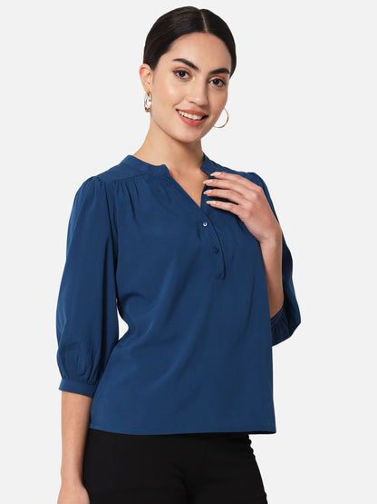 Blue Solid Mandarin Collar Top for Women