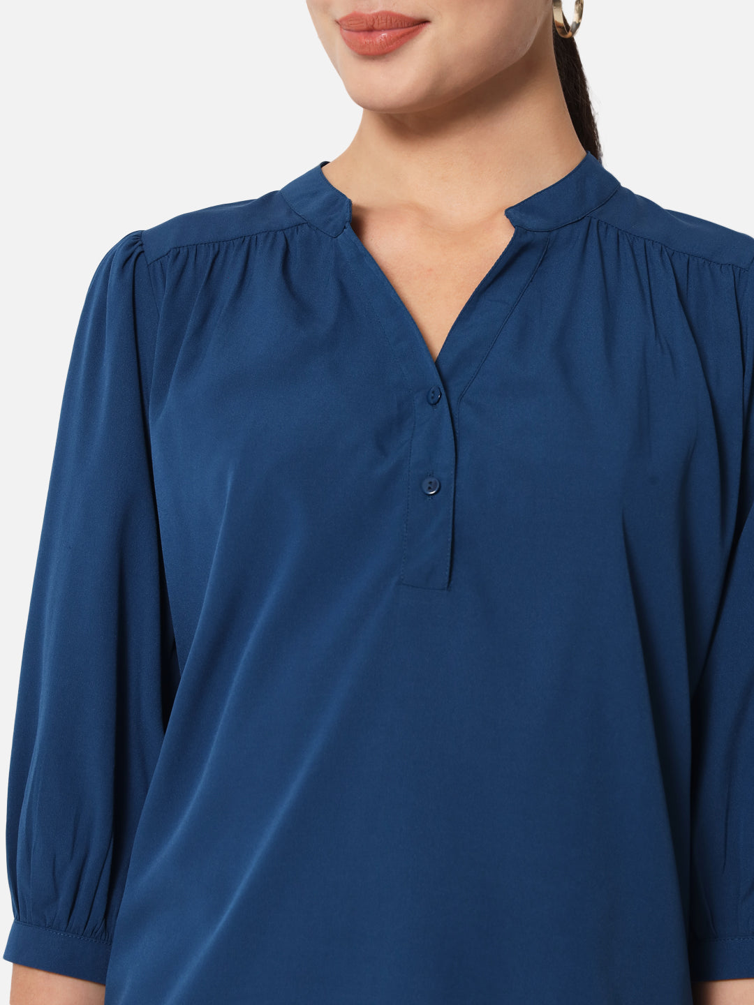 Blue Solid Mandarin Collar Top for Women