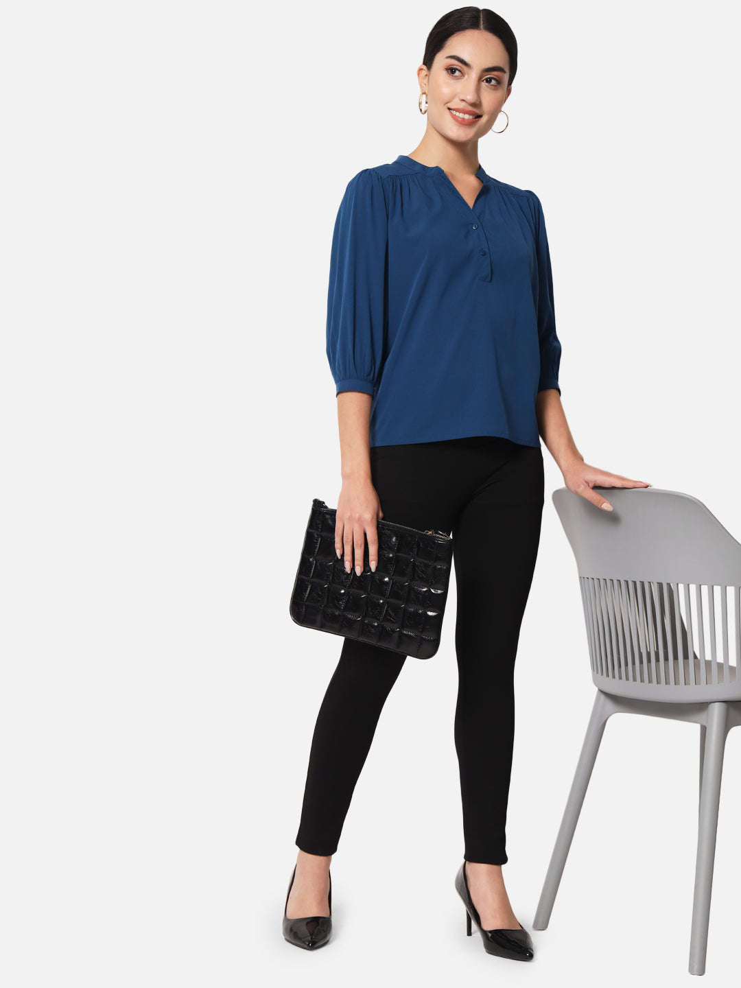 Blue Solid Mandarin Collar Top for Women