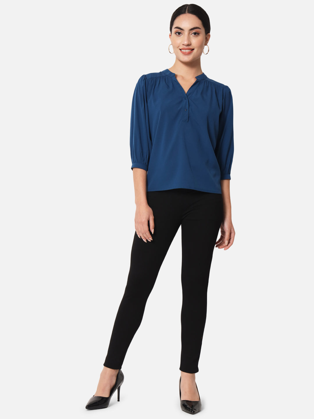 Blue Solid Mandarin Collar Top for Women