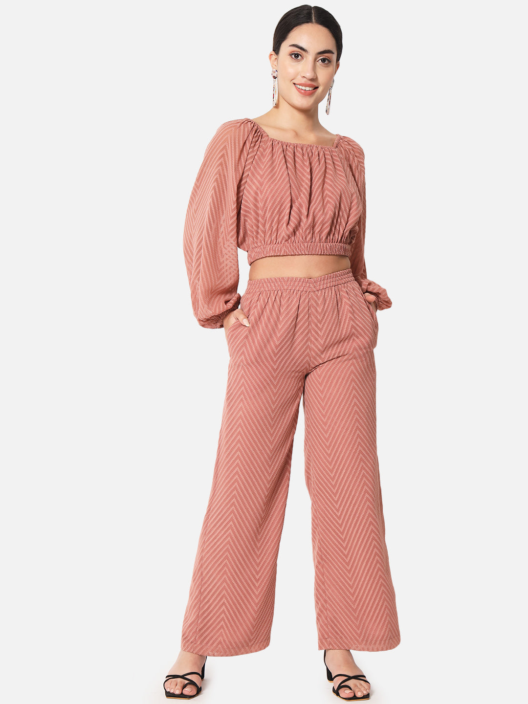 Zig-Zag Brown Square Neck Crop Top for Women