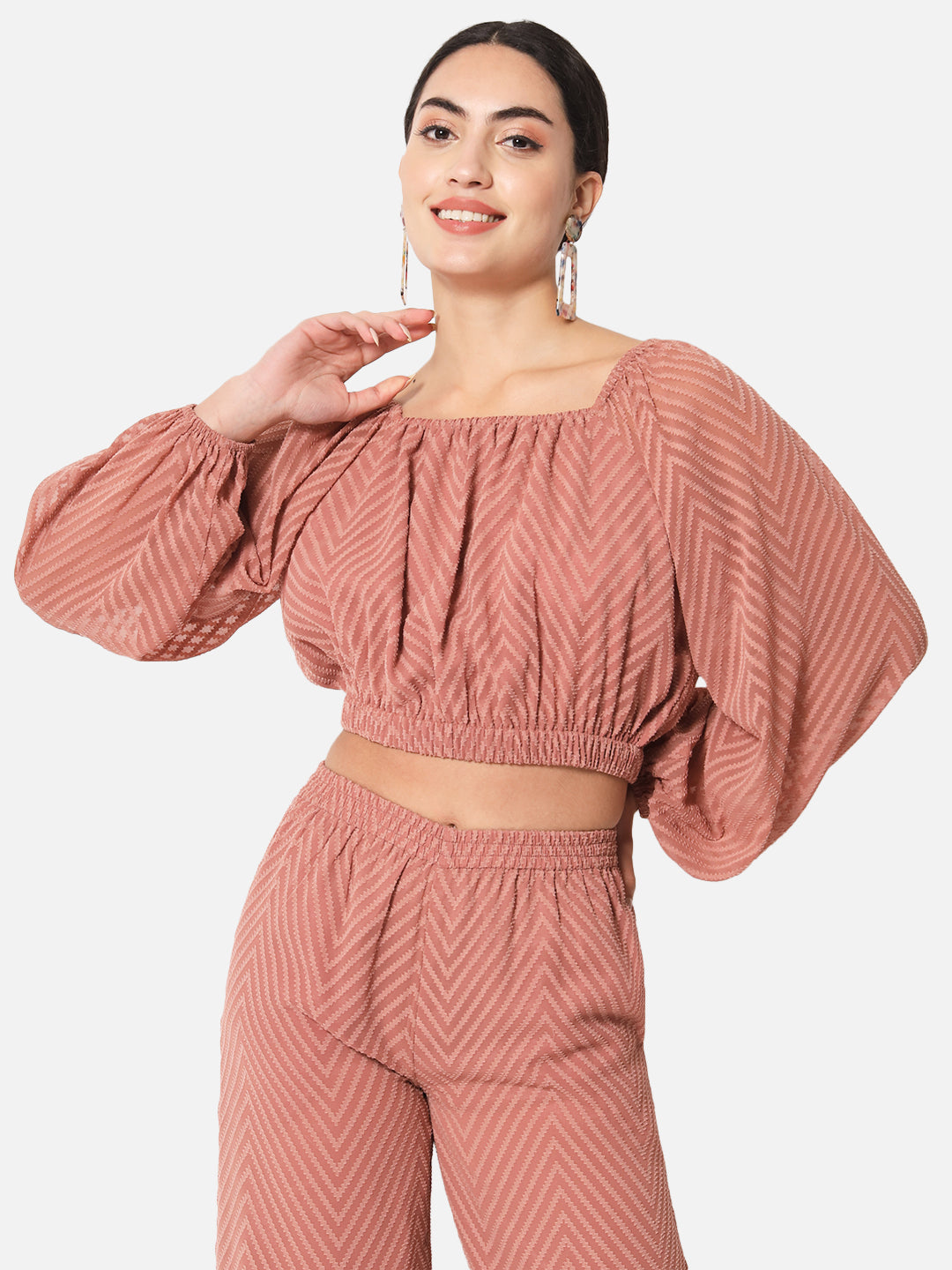 Zig-Zag Brown Square Neck Crop Top for Women