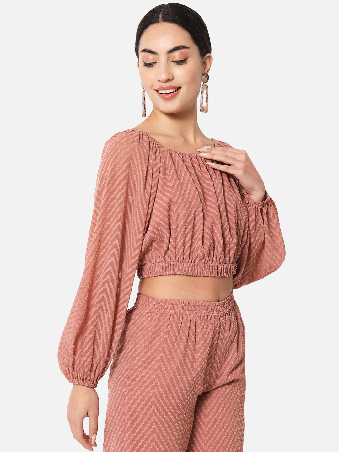 Zig-Zag Brown Square Neck Crop Top for Women