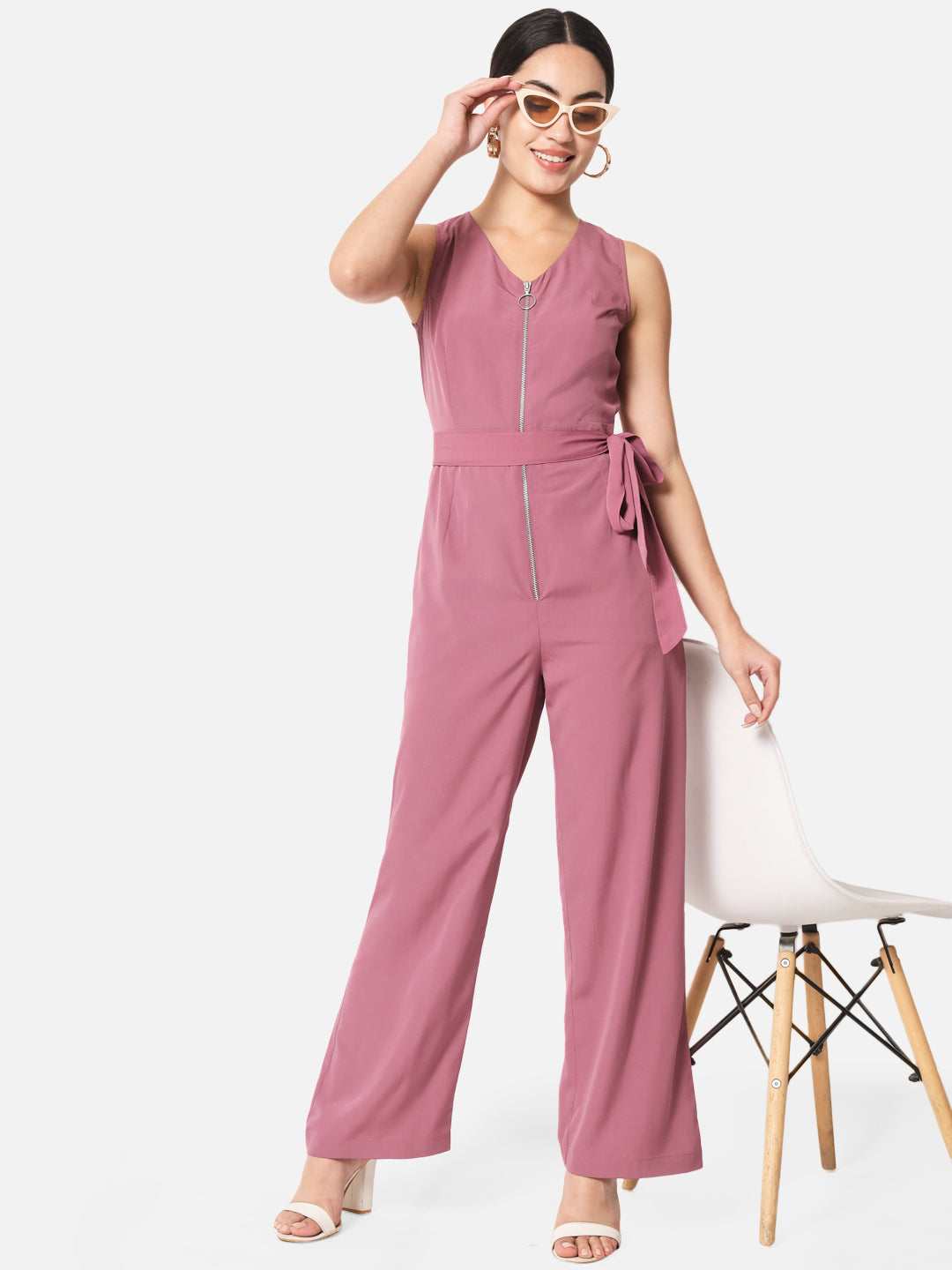 Solid Pink Sleeveless Jumpsuit for Women with Front Zip