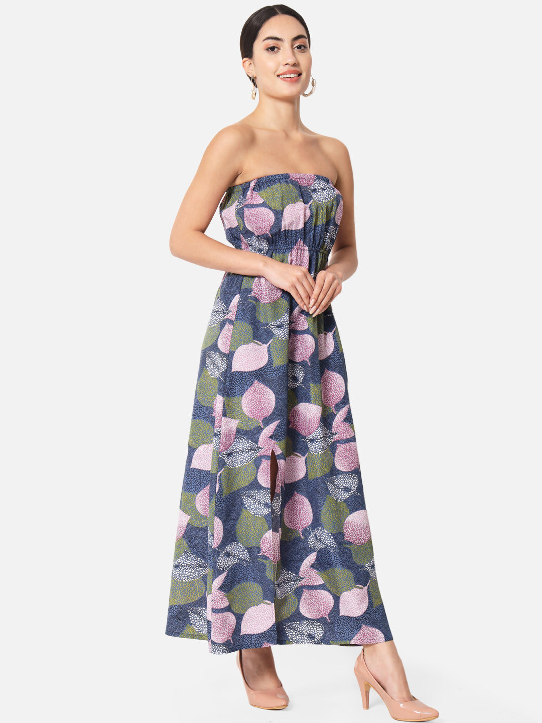 Multicolor Leaf Print Sleeveless Tube Dress for Women