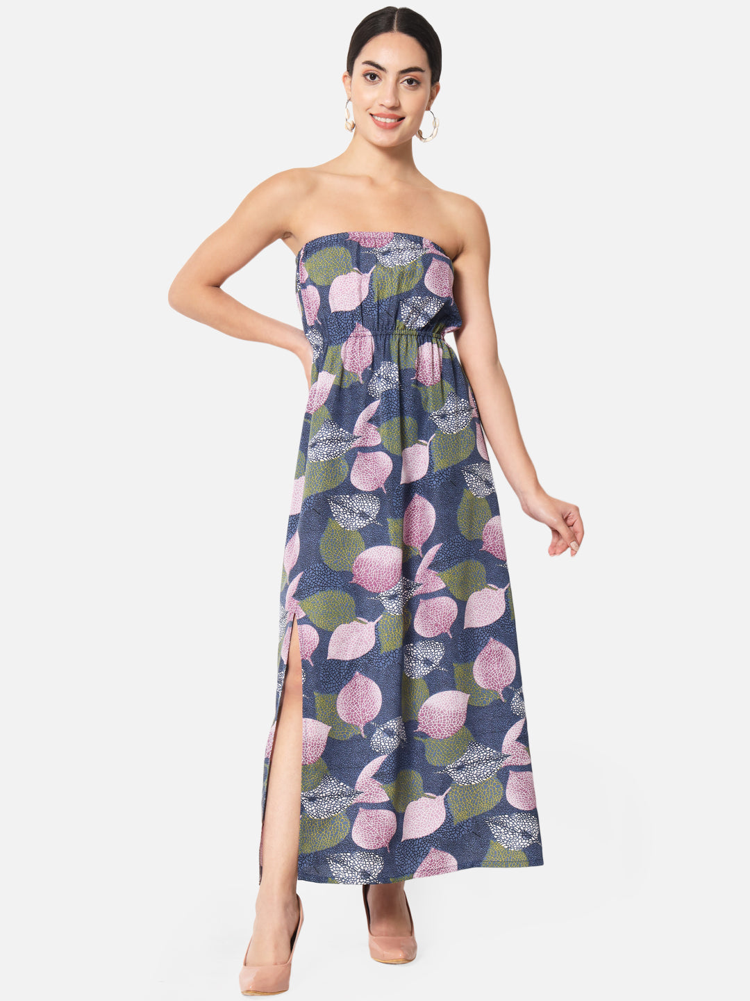 Multicolor Leaf Print Sleeveless Tube Dress for Women