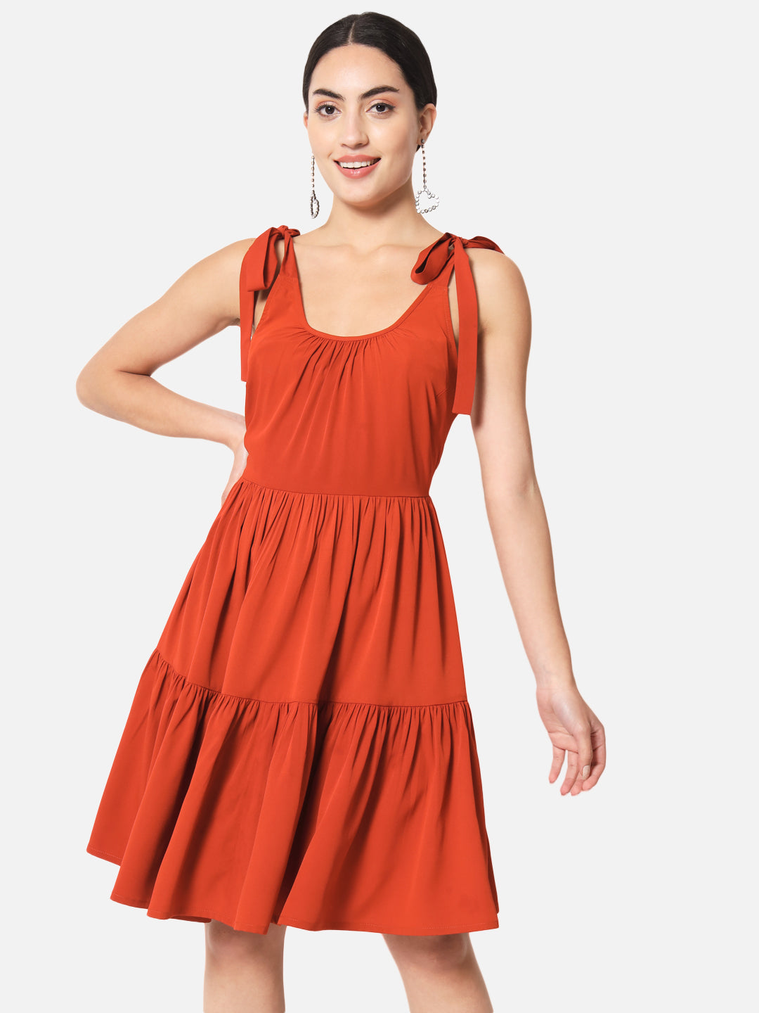 Solid Rust Sleeveless Skater Dress for Women