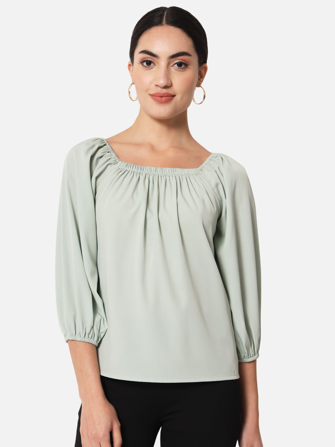 Solid Light Green Square Neck Top for Women