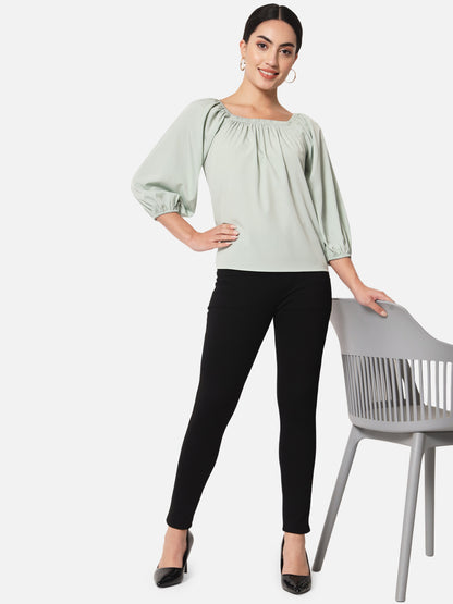 Solid Light Green Square Neck Top for Women