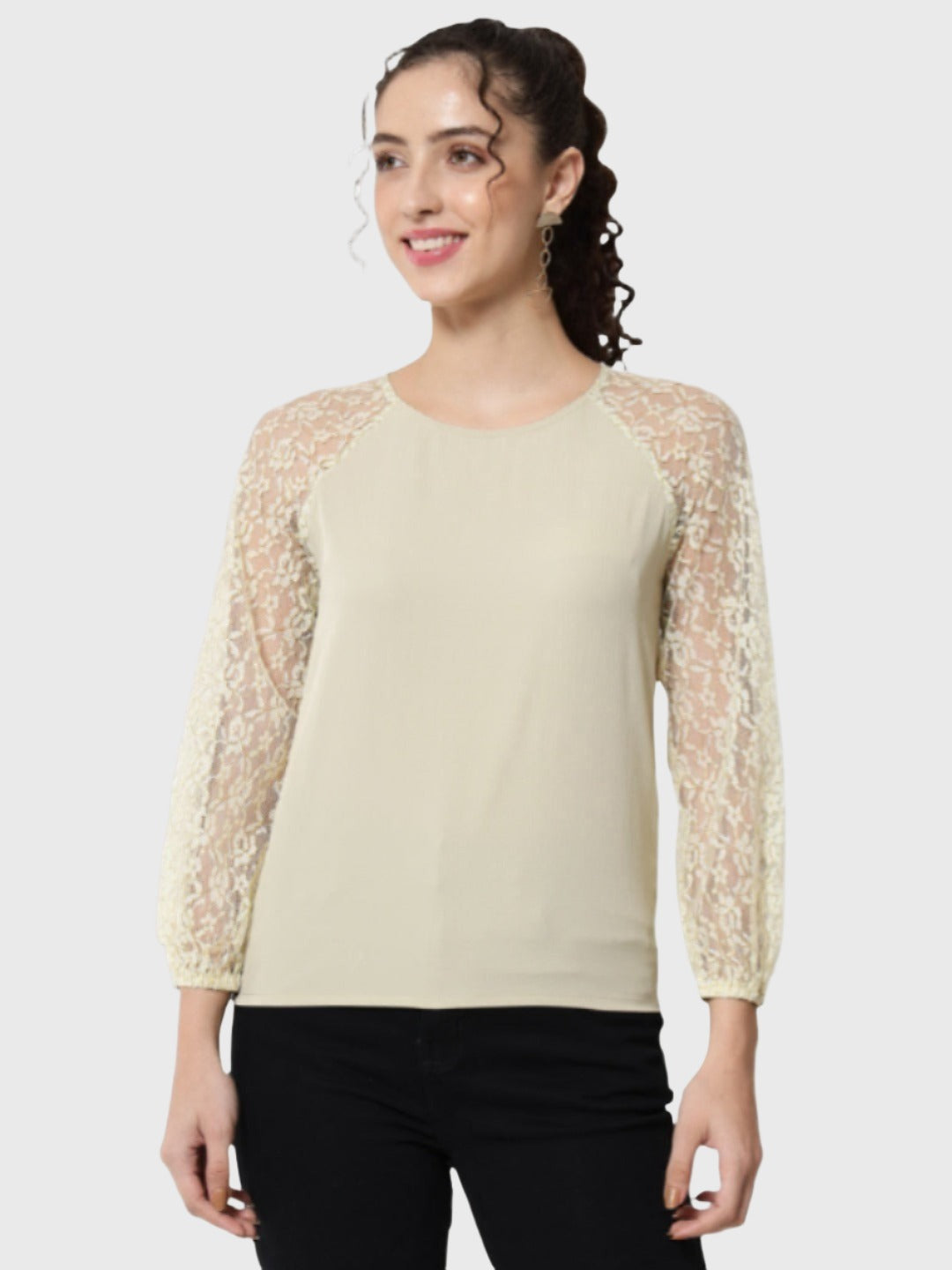 Beige Solid Round Neck Top for Women