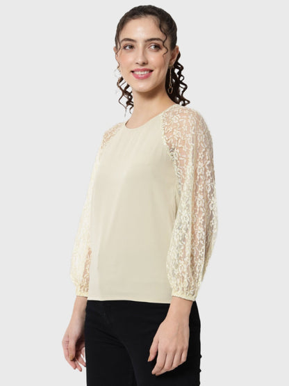 Beige Solid Round Neck Top for Women