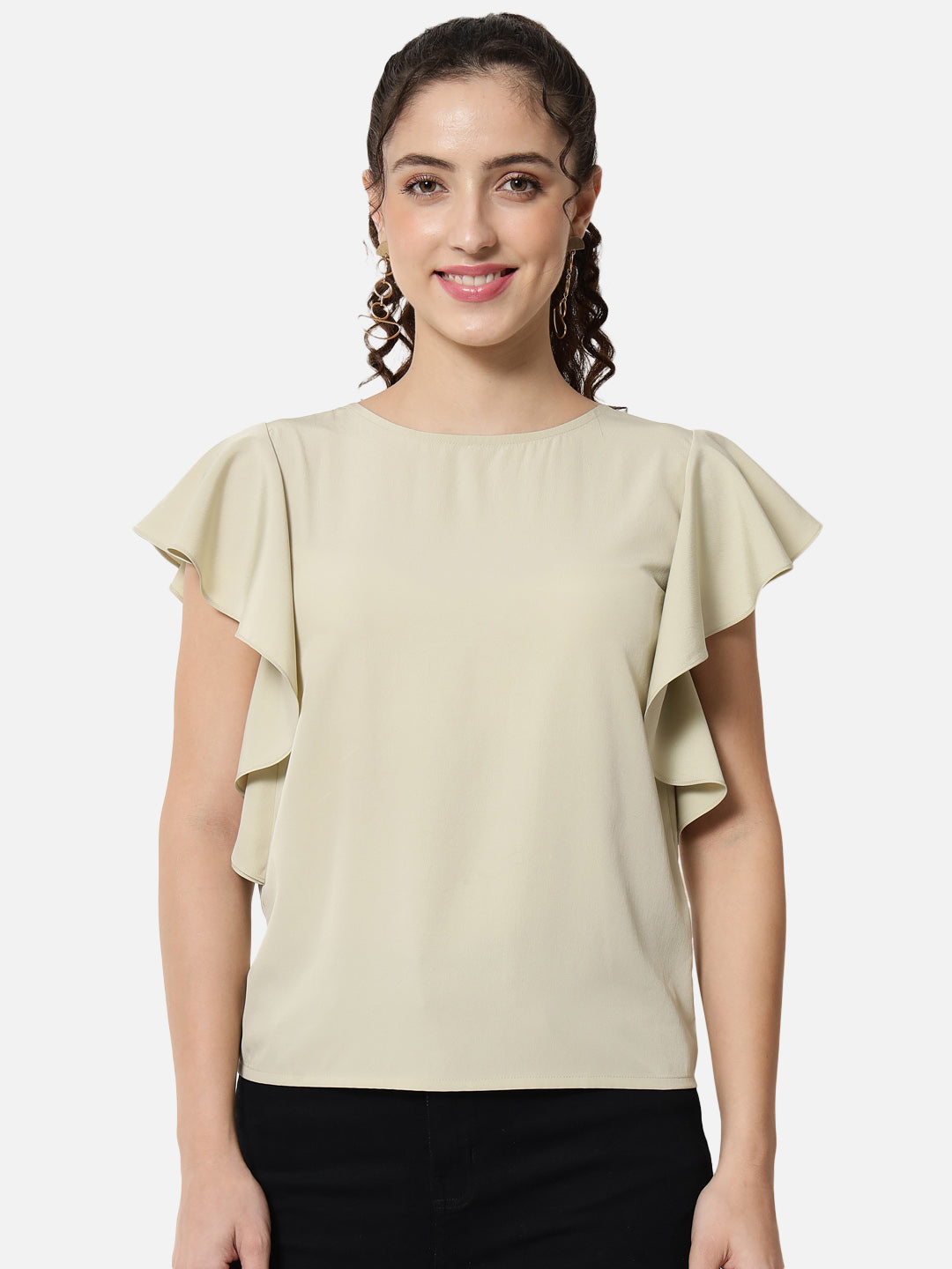 Beige Solid Round Neck Top for Women